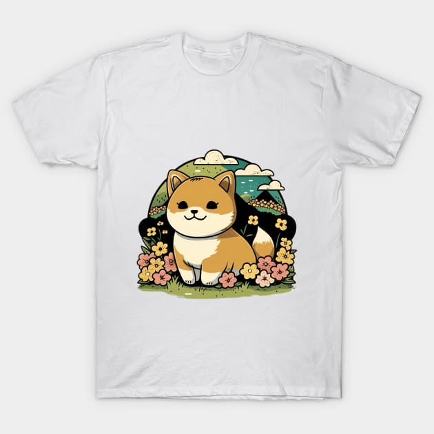 Mountain Adventure: Chibi Shiba Inu in Anime Style T-Shirt by WabiSabi Wonders